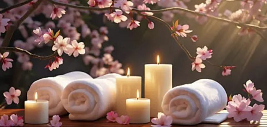 Candles, rolled towels and blossom in a peaceful Thai spa setting
