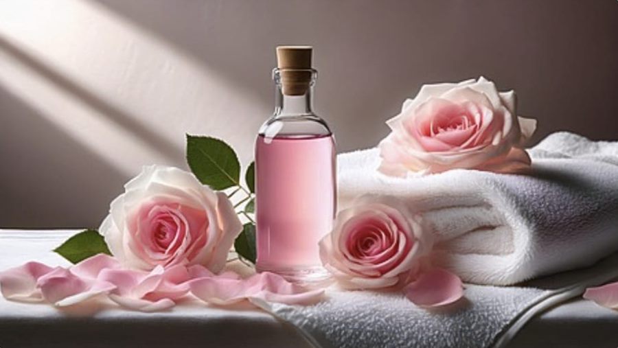 Rose aromatherapy massage oil with fresh towels