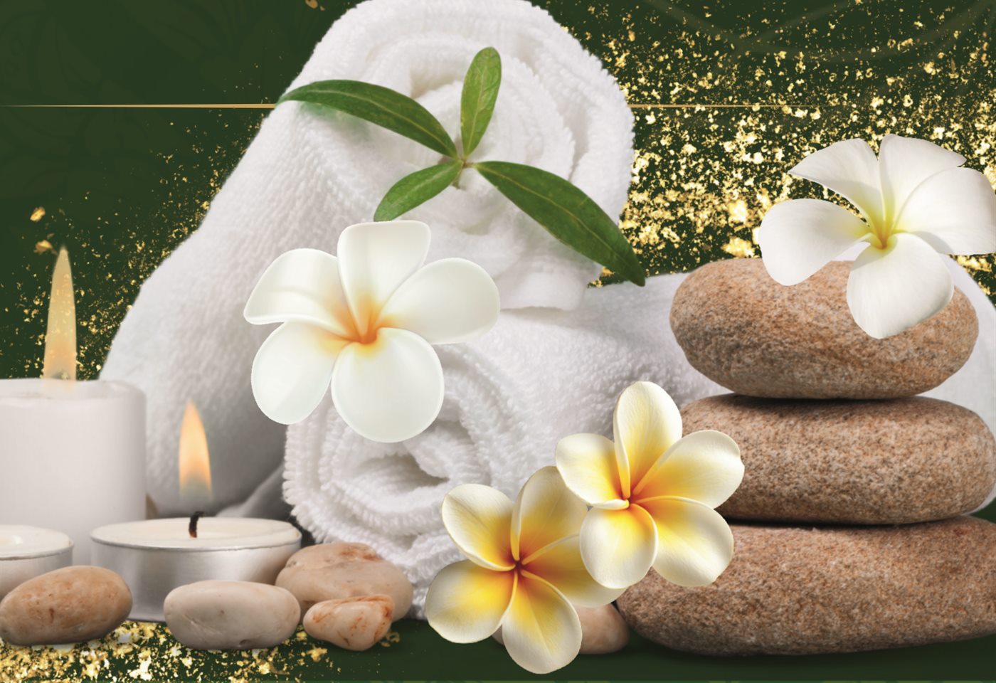 Rolled towels, candles, warm stones and frangipani flowers at Belife Thai Massage Athlone